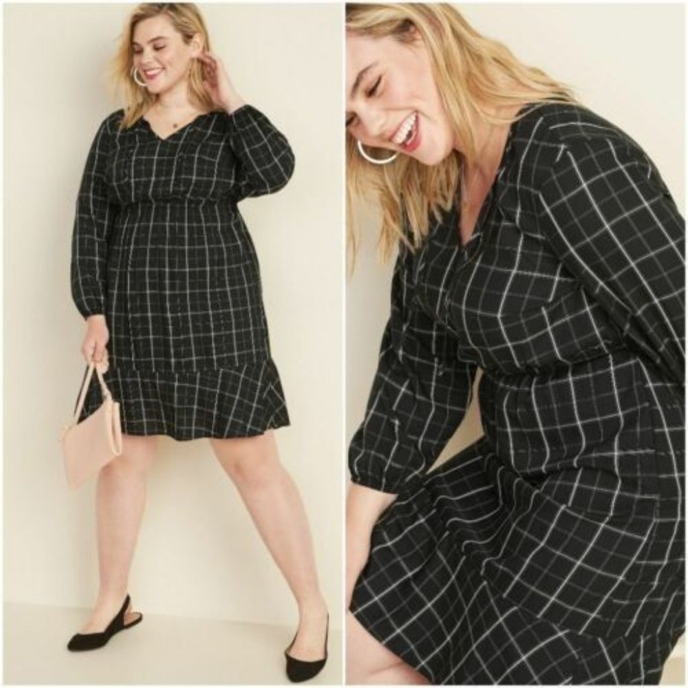 Old Navy Black Plaid Waist-Defined Tie-Neck Plus-Size Dress - Picture 10 of 16